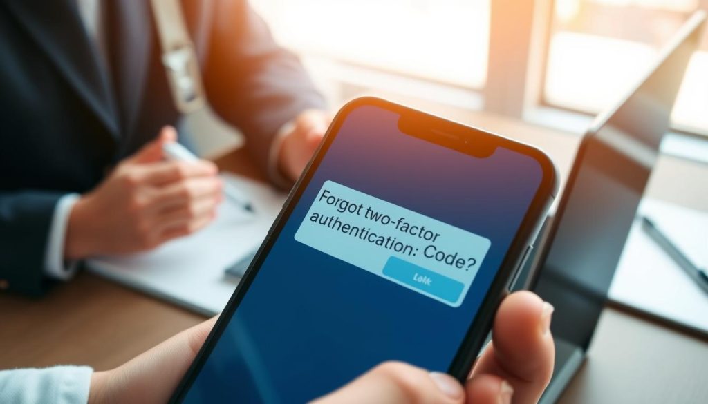 A close-up of a smartphone screen displaying the 'Forgot Two-Factor Authentication Code?' option in a sleek, modern design. The phone is held by a user in professional attire, indicating urgency and concern. The user's partially visible hand suggests a sense of frustration and confusion. In the background, a softly blurred workspace scene with a laptop and notepads, conveying a tech-savvy atmosphere. Natural light streams in from a nearby window, creating warm highlights on the phone screen. The overall mood is tense yet focused, reflecting the user's determination to solve the issue. The colors are a blend of soft blues and whites, creating a calm yet serious environment. A close-up of a smartphone screen displaying the 'Forgot Two-Factor Authentication Code?' option in a sleek, modern design. The phone is held by a user in professional attire, indicating urgency and concern. The user's partially visible hand suggests a sense of frustration and confusion. In the background, a softly blurred workspace scene with a laptop and notepads, conveying a tech-savvy atmosphere. Natural light streams in from a nearby window, creating warm highlights on the phone screen. The overall mood is tense yet focused, reflecting the user's determination to solve the issue. The colors are a blend of soft blues and whites, creating a calm yet serious environment.