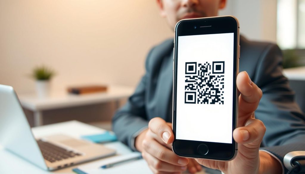 A close-up view of a smartphone displaying a QR code on its screen, held by a professional-looking adult dressed in smart casual attire. The foreground features the phone prominently, with the QR code sharp and clear, showcasing its intricate patterns. In the middle ground, a blurred background includes an office setting with subtle hints of business items like a laptop and notebooks, enhancing the theme of technology and communication. Soft, ambient lighting illuminates the scene, creating a warm atmosphere. The focus is on the idea of sharing information digitally, with a hint of curiosity and problem-solving reflected in the subject's attentive expression. The angle captures the QR code at a slight tilt, inviting the viewer to engage with the concept of scanning and sharing digital business cards. A close-up view of a smartphone displaying a QR code on its screen, held by a professional-looking adult dressed in smart casual attire. The foreground features the phone prominently, with the QR code sharp and clear, showcasing its intricate patterns. In the middle ground, a blurred background includes an office setting with subtle hints of business items like a laptop and notebooks, enhancing the theme of technology and communication. Soft, ambient lighting illuminates the scene, creating a warm atmosphere. The focus is on the idea of sharing information digitally, with a hint of curiosity and problem-solving reflected in the subject's attentive expression. The angle captures the QR code at a slight tilt, inviting the viewer to engage with the concept of scanning and sharing digital business cards.