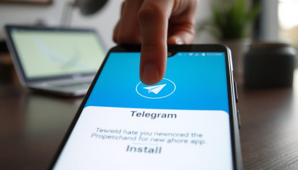 A close-up view of an Android smartphone displaying the Telegram app installation screen. The smartphone is prominently positioned in the foreground, with a clean, modern design. In the middle ground, a subtle hand is gently tapping the "Install" button on the screen, showcasing user interaction. The background features a softly blurred workspace, with a desk and a laptop, creating a tech-savvy atmosphere. Soft, natural lighting falls from a nearby window, giving the scene a calm and inviting look. The overall composition conveys a sense of simplicity and professionalism, illustrating the ease of downloading and installing Telegram on an Android device. A close-up view of an Android smartphone displaying the Telegram app installation screen. The smartphone is prominently positioned in the foreground, with a clean, modern design. In the middle ground, a subtle hand is gently tapping the "Install" button on the screen, showcasing user interaction. The background features a softly blurred workspace, with a desk and a laptop, creating a tech-savvy atmosphere. Soft, natural lighting falls from a nearby window, giving the scene a calm and inviting look. The overall composition conveys a sense of simplicity and professionalism, illustrating the ease of downloading and installing Telegram on an Android device.