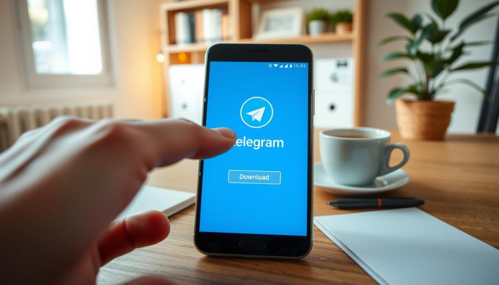 A close-up view of an Android smartphone displaying the Telegram app interface, prominently featuring the download button. In the foreground, a hand gently reaches towards the screen, fingers poised to tap the download icon. The middle ground shows the smartphone resting on a clean, well-organized wooden desk adorned with a notepad and a cup of coffee, conveying a productive atmosphere. In the background, soft, warm lighting fills a cozy home office environment, highlighting details like bookshelves and a potted plant. The mood is inviting and focused, emphasizing the ease and accessibility of downloading Telegram on an Android device. The image should be clear and professionally composed, without any text or distractions. A close-up view of an Android smartphone displaying the Telegram app interface, prominently featuring the download button. In the foreground, a hand gently reaches towards the screen, fingers poised to tap the download icon. The middle ground shows the smartphone resting on a clean, well-organized wooden desk adorned with a notepad and a cup of coffee, conveying a productive atmosphere. In the background, soft, warm lighting fills a cozy home office environment, highlighting details like bookshelves and a potted plant. The mood is inviting and focused, emphasizing the ease and accessibility of downloading Telegram on an Android device. The image should be clear and professionally composed, without any text or distractions.