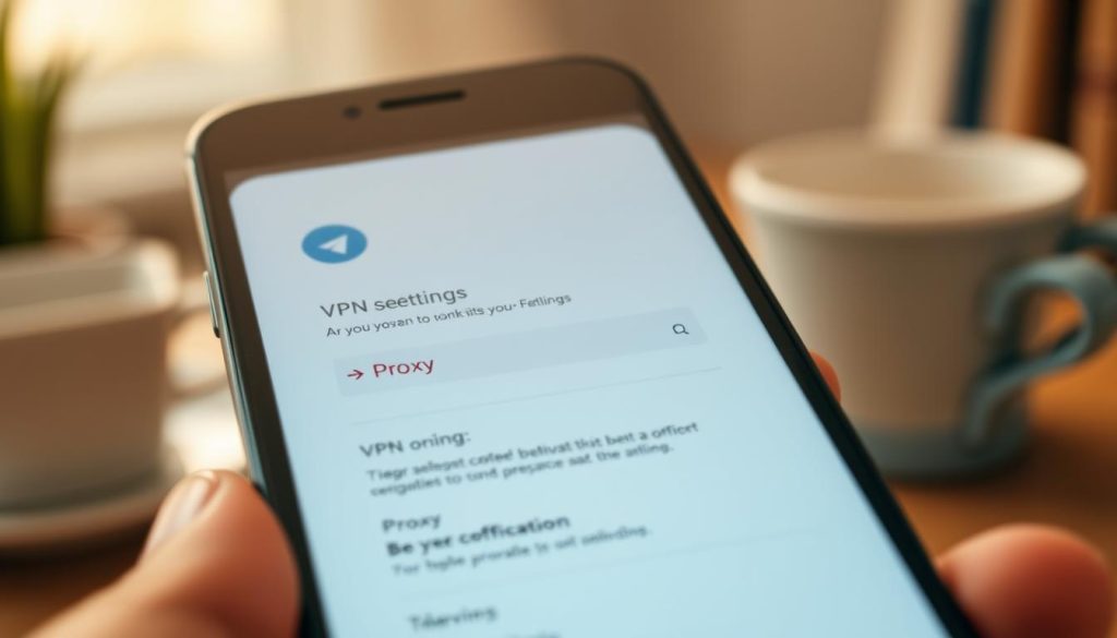 A close-up view of an Android smartphone displaying the Telegram app interface, showcasing the VPN proxy settings page. The foreground features a user-friendly layout with clearly marked options for proxy configuration, illuminated by soft, warm lighting to create a welcoming atmosphere. In the middle, a focused hand interacts with the screen, tapping on the "Proxy" option, wearing a casual but neat outfit to convey professionalism. The background features a blurred home environment, hinting at a cozy workspace with subtle details like a coffee cup and a few books, enhancing a productive feel. The overall mood is informative and helpful, giving a sense of guidance and discovery in navigating technology. Ensure clarity and detail in the screen and hand depiction. A close-up view of an Android smartphone displaying the Telegram app interface, showcasing the VPN proxy settings page. The foreground features a user-friendly layout with clearly marked options for proxy configuration, illuminated by soft, warm lighting to create a welcoming atmosphere. In the middle, a focused hand interacts with the screen, tapping on the "Proxy" option, wearing a casual but neat outfit to convey professionalism. The background features a blurred home environment, hinting at a cozy workspace with subtle details like a coffee cup and a few books, enhancing a productive feel. The overall mood is informative and helpful, giving a sense of guidance and discovery in navigating technology. Ensure clarity and detail in the screen and hand depiction.