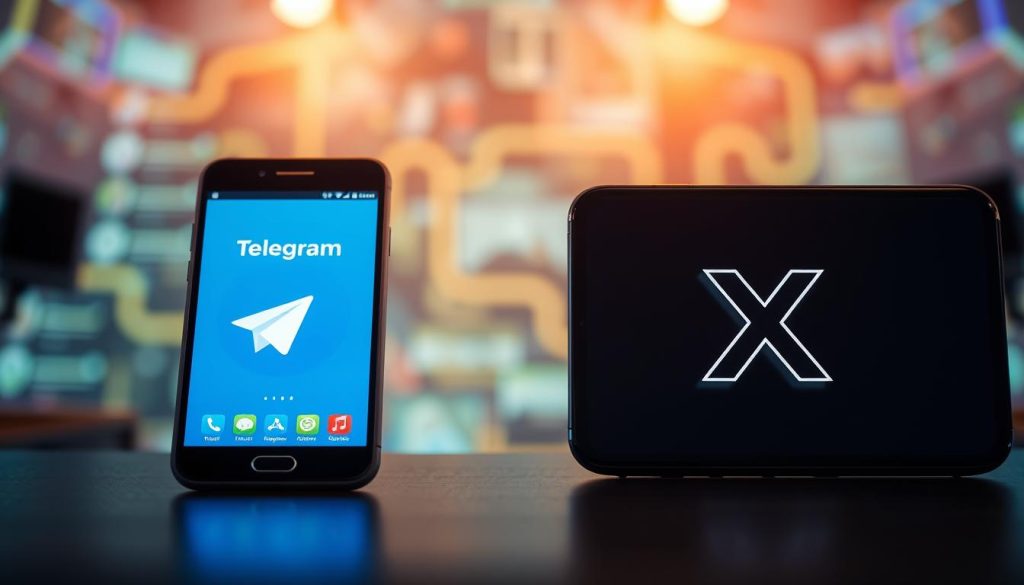 A detailed, eye-catching digital representation comparing "Telegram" and "Telegram X." In the foreground, showcase two distinct smartphone screens, one displaying the classic Telegram app with its signature blue interface, and the other featuring the Telegram X app with a sleek, dark mode design. Each screen should be vibrant and well-lit, emphasizing the differences in layout and features. In the middle, create a subtle gradient dividing the two, symbolizing the contrast between the traditional and the modern version of the app. The background should be a soft, blurred tech-themed environment, hinting at the digital communication landscape. Use warm lighting to convey a friendly, accessible mood, and apply a shallow depth of field to focus on the apps themselves, making them the central focal point of the image. A detailed, eye-catching digital representation comparing "Telegram" and "Telegram X." In the foreground, showcase two distinct smartphone screens, one displaying the classic Telegram app with its signature blue interface, and the other featuring the Telegram X app with a sleek, dark mode design. Each screen should be vibrant and well-lit, emphasizing the differences in layout and features. In the middle, create a subtle gradient dividing the two, symbolizing the contrast between the traditional and the modern version of the app. The background should be a soft, blurred tech-themed environment, hinting at the digital communication landscape. Use warm lighting to convey a friendly, accessible mood, and apply a shallow depth of field to focus on the apps themselves, making them the central focal point of the image.