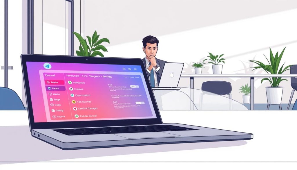 A detailed illustration depicting the concept of "频道设置" in a professional and engaging manner. In the foreground, a sleek laptop displays the Telegram interface with vibrant colors, showcasing various options for channel settings, such as profile customization and subscriber management. In the middle ground, a thoughtful individual, dressed in business casual attire, sits at a clean, modern desk, intently focused on their laptop. Soft, natural lighting illuminates the scene, casting gentle shadows, while potted plants add a touch of freshness. In the background, a minimalist office environment is visible, emphasizing a productive atmosphere. The overall mood conveys a sense of innovation and professionalism, inviting viewers to explore the possibilities of optimizing a Telegram channel.