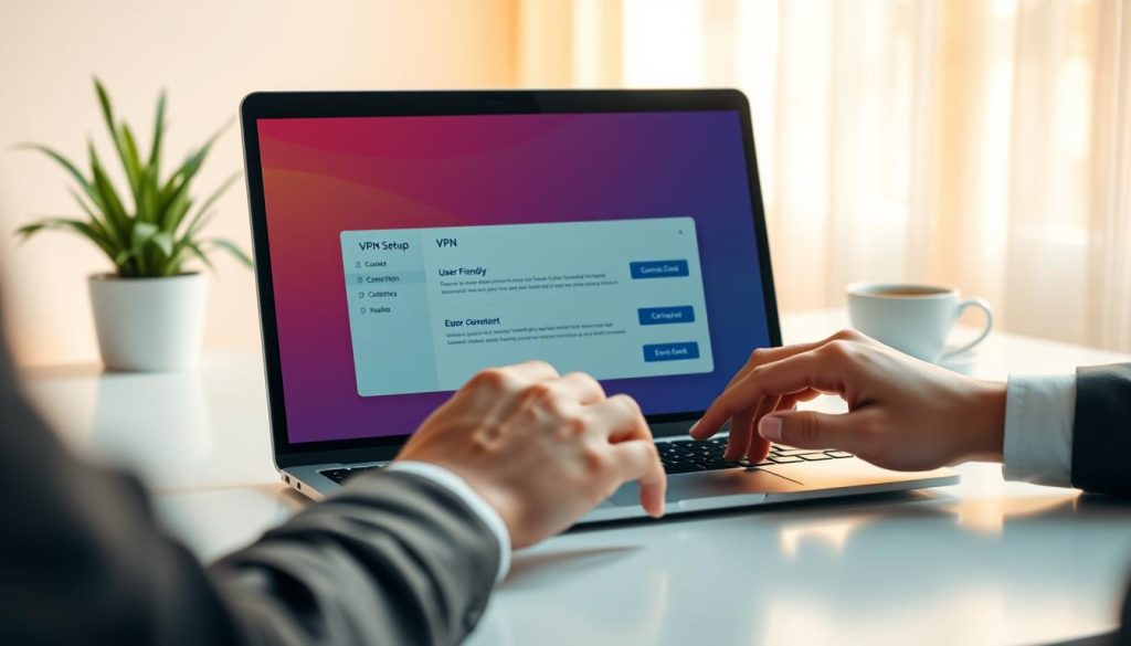 A detailed, informative scene depicting a user navigating a VPN setup on a modern laptop, set on a clean, minimalist desk. The foreground features the laptop screen displaying a colorful, user-friendly VPN interface with connection options. In the middle ground, a pair of professional hands are engaging with the touchpad, emphasizing action and engagement. The background features soft-focused elements like a potted plant and a cup of coffee, suggesting a calm and productive workspace. The lighting is warm and inviting, casting soft shadows to enhance the atmosphere, while a slight bokeh effect adds depth. The overall mood should convey a sense of security and ease, emphasizing the VPN's role in enabling access to online platforms.