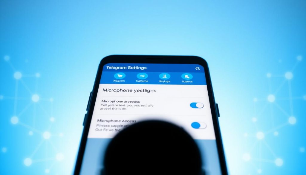 A detailed screenshot of the "Telegram app permissions settings" interface, prominently featuring microphone access options. In the foreground, clearly visible toggles for microphone permissions are set against a sleek, modern interface. The middle ground includes icons representing privacy features, with a soft blue and white color scheme that reflects Telegram's branding. In the background, there is a subtle gradient emphasizing a tech-savvy atmosphere, with abstract digital shapes hinting at connectivity and communication. The lighting is bright and neutral, enhancing readability and clarity of the text fields. The angle is slightly tilted to provide a dynamic view of the app interface, creating a professional and informative mood suitable for a tech article. No words or text overlays are present in the image. A detailed screenshot of the "Telegram app permissions settings" interface, prominently featuring microphone access options. In the foreground, clearly visible toggles for microphone permissions are set against a sleek, modern interface. The middle ground includes icons representing privacy features, with a soft blue and white color scheme that reflects Telegram's branding. In the background, there is a subtle gradient emphasizing a tech-savvy atmosphere, with abstract digital shapes hinting at connectivity and communication. The lighting is bright and neutral, enhancing readability and clarity of the text fields. The angle is slightly tilted to provide a dynamic view of the app interface, creating a professional and informative mood suitable for a tech article. No words or text overlays are present in the image.