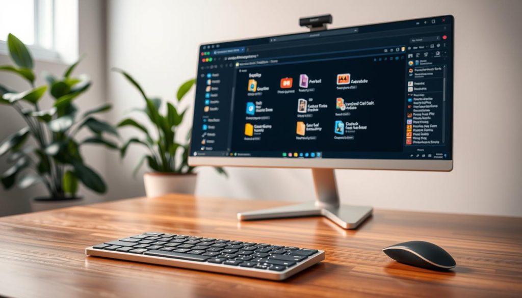 A detailed view of an HTML file browser interface displayed on a sleek computer monitor, set against a minimalist and modern workspace. The foreground features a well-organized screen showcasing neatly arranged folders and files, with vibrant colored icons representing different data types, like images, texts, and exported data from Telegram. In the middle ground, a stylish keyboard and mouse sit on a polished wooden desk, reflecting soft ambient lighting that highlights the screen. The background consists of a subtle blur of a vibrant, green indoor plant, contributing to a calm and productive atmosphere. Use soft lighting to create an inviting mood, with a shallow depth of field to emphasize the HTML file browser. The overall composition should convey a sense of efficiency and clarity in data management. A detailed view of an HTML file browser interface displayed on a sleek computer monitor, set against a minimalist and modern workspace. The foreground features a well-organized screen showcasing neatly arranged folders and files, with vibrant colored icons representing different data types, like images, texts, and exported data from Telegram. In the middle ground, a stylish keyboard and mouse sit on a polished wooden desk, reflecting soft ambient lighting that highlights the screen. The background consists of a subtle blur of a vibrant, green indoor plant, contributing to a calm and productive atmosphere. Use soft lighting to create an inviting mood, with a shallow depth of field to emphasize the HTML file browser. The overall composition should convey a sense of efficiency and clarity in data management.
