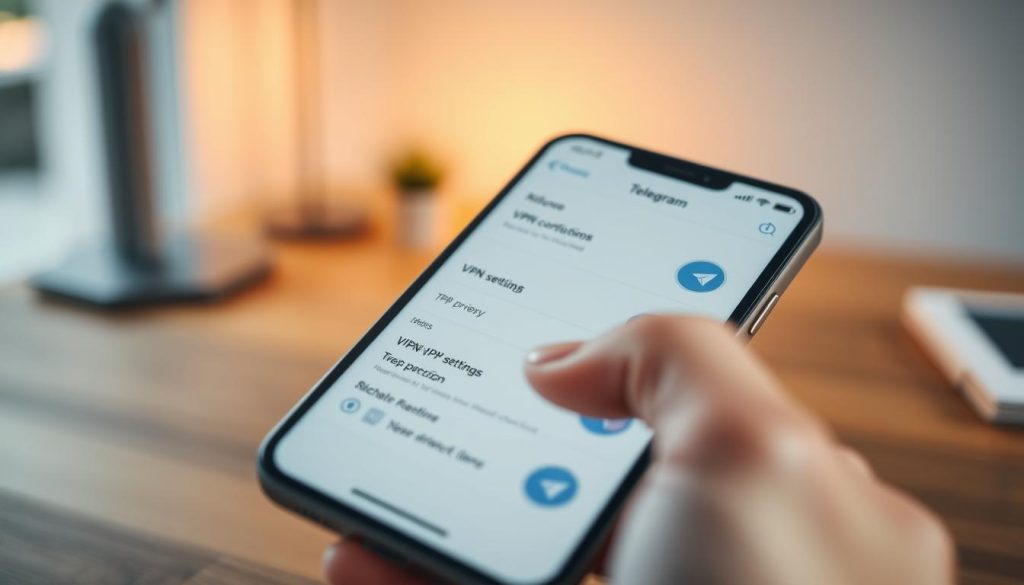 A detailed view of an iOS device displaying the Telegram app interface for VPN proxy settings. In the foreground, focus on the iPhone screen showcasing the VPN configuration options within the Telegram app, featuring a user-friendly layout with toggle switches and settings. The middle layer should include a hand gently interacting with the screen, emphasizing the setup process. The background is a softly blurred modern workspace environment with a wooden desk and a gentle light source, creating a warm and inviting atmosphere. Use soft, natural lighting to enhance the clarity of the app interface, and capture the image from a slightly elevated angle to provide depth. The overall mood should be tech-savvy and professional, reflecting the process of setting up a secure connection. A detailed view of an iOS device displaying the Telegram app interface for VPN proxy settings. In the foreground, focus on the iPhone screen showcasing the VPN configuration options within the Telegram app, featuring a user-friendly layout with toggle switches and settings. The middle layer should include a hand gently interacting with the screen, emphasizing the setup process. The background is a softly blurred modern workspace environment with a wooden desk and a gentle light source, creating a warm and inviting atmosphere. Use soft, natural lighting to enhance the clarity of the app interface, and capture the image from a slightly elevated angle to provide depth. The overall mood should be tech-savvy and professional, reflecting the process of setting up a secure connection.
