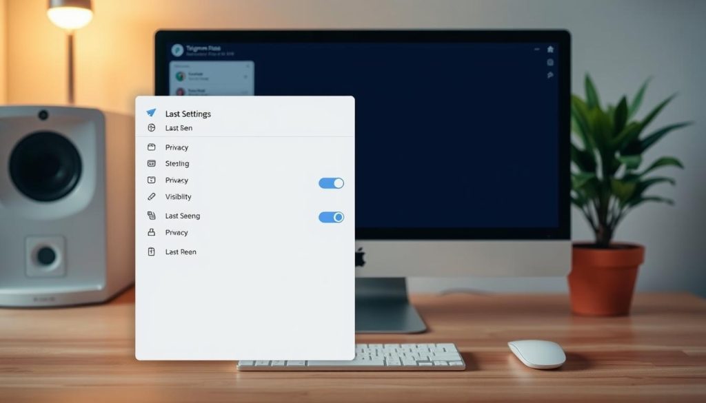 A detailed view of the Telegram desktop privacy settings interface, featuring a clean, modern design. In the foreground, display the settings panel prominently, with options such as "Last Seen" visibility settings highlighted. The middle layer should include a sleek computer monitor, showcasing the Telegram application with a focus on the privacy menu. The background should depict a tidy workspace, with soft ambient lighting creating a cozy, professional atmosphere. The scene is set in a home office with a wooden desk and a potted plant, reflecting a sense of privacy and modern technology. Use a wide-angle lens to capture the entire scene, emphasizing clarity and professionalism without any text or distractions. A detailed view of the Telegram desktop privacy settings interface, featuring a clean, modern design. In the foreground, display the settings panel prominently, with options such as "Last Seen" visibility settings highlighted. The middle layer should include a sleek computer monitor, showcasing the Telegram application with a focus on the privacy menu. The background should depict a tidy workspace, with soft ambient lighting creating a cozy, professional atmosphere. The scene is set in a home office with a wooden desk and a potted plant, reflecting a sense of privacy and modern technology. Use a wide-angle lens to capture the entire scene, emphasizing clarity and professionalism without any text or distractions.