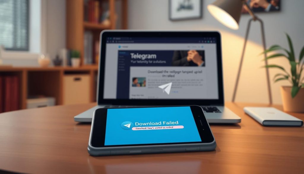 A digital illustration depicting a smartphone on a desk, showing the Telegram logo with an error symbol. In the foreground, the smartphone screen prominently displays a "Download Failed" message in a clear, readable format. The middle layer includes a pair of hands (dressed in smart casual attire) working on a laptop with a webpage featuring troubleshooting tips for downloading Telegram on Android. In the background, soft-focus elements suggest a cozy room with warm lighting, including a bookshelf and a potted plant, creating a calm and problem-solving atmosphere. The image conveys a sense of approachability and helpfulness, inviting the viewer to explore solutions. A digital illustration depicting a smartphone on a desk, showing the Telegram logo with an error symbol. In the foreground, the smartphone screen prominently displays a "Download Failed" message in a clear, readable format. The middle layer includes a pair of hands (dressed in smart casual attire) working on a laptop with a webpage featuring troubleshooting tips for downloading Telegram on Android. In the background, soft-focus elements suggest a cozy room with warm lighting, including a bookshelf and a potted plant, creating a calm and problem-solving atmosphere. The image conveys a sense of approachability and helpfulness, inviting the viewer to explore solutions.