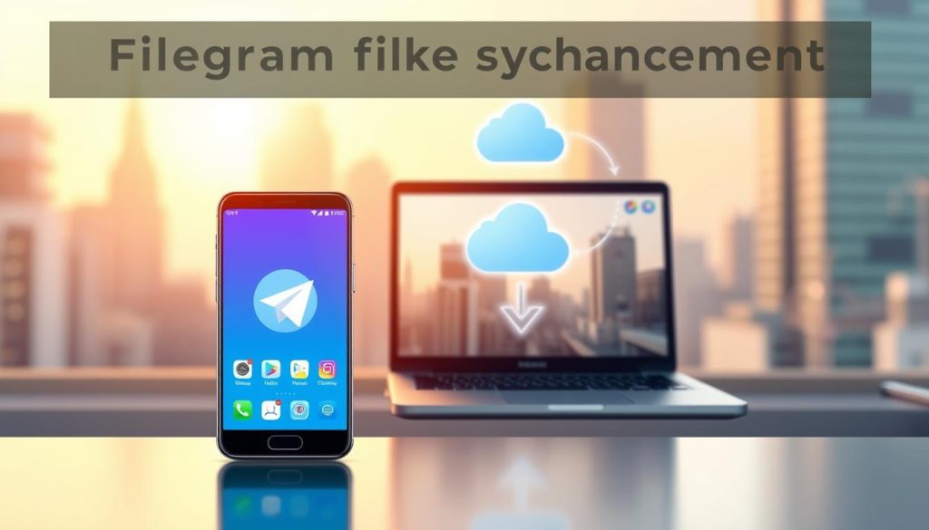 A digital illustration showcasing the concept of "Telegram file transfer enhancement." In the foreground, feature a sleek modern smartphone displaying the Telegram app interface, with vibrant download symbols and file icons representing enhanced file transfer capabilities. In the middle ground, depict a stylish laptop connected to a cloud icon, symbolizing seamless file synchronization. The background should have a soft-focus cityscape, conveying a tech-savvy, urban environment. Use warm lighting to create an inviting atmosphere, emphasizing innovation and efficiency. The scene should evoke a sense of advanced technology with a professional and organized feel, reflecting the exclusivity of Telegram's advanced features for premium users. A digital illustration showcasing the concept of "Telegram file transfer enhancement." In the foreground, feature a sleek modern smartphone displaying the Telegram app interface, with vibrant download symbols and file icons representing enhanced file transfer capabilities. In the middle ground, depict a stylish laptop connected to a cloud icon, symbolizing seamless file synchronization. The background should have a soft-focus cityscape, conveying a tech-savvy, urban environment. Use warm lighting to create an inviting atmosphere, emphasizing innovation and efficiency. The scene should evoke a sense of advanced technology with a professional and organized feel, reflecting the exclusivity of Telegram's advanced features for premium users.