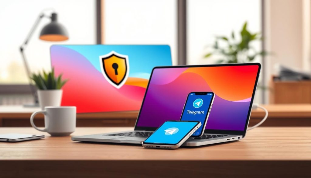 A digital workspace scene featuring a secure VPN service illustration. In the foreground, a sleek laptop with a colorful VPN logo on the screen displays an active connection. On the desk beside it, a smartphone shows the Telegram app ready for download. The middle ground includes a modern office setup, with a potted plant and a cup of coffee, hinting at a productive environment. In the background, a large window lets in soft, natural light, giving a warm and inviting atmosphere. The overall mood is focused and professional, emphasizing the importance of internet security while preparing to download apps securely. The image should have a clean, polished look with a slight depth of field effect to draw attention to the laptop and smartphone in the foreground. A digital workspace scene featuring a secure VPN service illustration. In the foreground, a sleek laptop with a colorful VPN logo on the screen displays an active connection. On the desk beside it, a smartphone shows the Telegram app ready for download. The middle ground includes a modern office setup, with a potted plant and a cup of coffee, hinting at a productive environment. In the background, a large window lets in soft, natural light, giving a warm and inviting atmosphere. The overall mood is focused and professional, emphasizing the importance of internet security while preparing to download apps securely. The image should have a clean, polished look with a slight depth of field effect to draw attention to the laptop and smartphone in the foreground.
