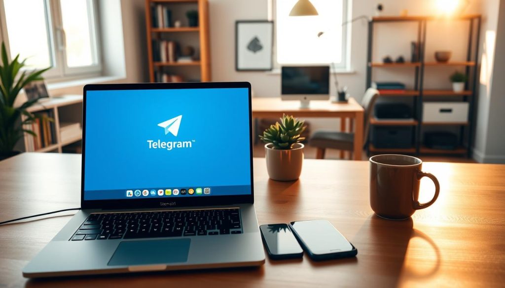 A digital workspace showcasing a sleek, modern desktop setup in a cozy home office environment. In the foreground, a laptop screen displays the Telegram logo and various app icons, symbolizing the process of downloading the application. A smartphone rests next to the laptop, emphasizing mobile connectivity. The middle section features an inviting wooden desk with a potted plant and a cup of coffee, creating a warm and productive atmosphere. Soft, natural lighting streams through a nearby window, highlighting the scene and casting gentle shadows. In the background, there are shelves filled with books and stylish decorative items. The overall mood is focused and inspiring, aimed at encouraging users to create their Telegram accounts with ease and enthusiasm.