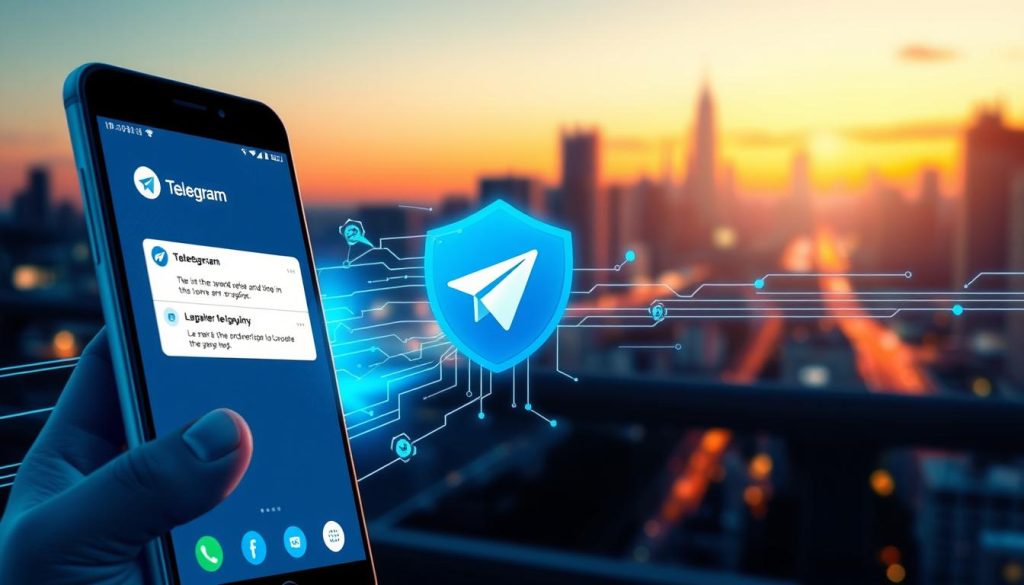 A dynamic digital illustration representing the speed and stability of Telegram. In the foreground, visualize a sleek smartphone displaying the Telegram app with rapid notifications popping up. The middle ground features a stylized depiction of a lightning bolt and a shield, symbolizing speed and security, intertwined with graphical elements that represent data flow, such as flowing lines and digital nodes. In the background, a blurred cityscape at twilight suggests a busy, interconnected world, illuminated by soft ambient lighting that enhances the modern technological feel. The overall atmosphere is energetic yet professional, reflecting the effectiveness and reliability of Telegram as a communication tool. The image should be vibrant, with striking contrasts to convey the essential advantages of Telegram. A dynamic digital illustration representing the speed and stability of Telegram. In the foreground, visualize a sleek smartphone displaying the Telegram app with rapid notifications popping up. The middle ground features a stylized depiction of a lightning bolt and a shield, symbolizing speed and security, intertwined with graphical elements that represent data flow, such as flowing lines and digital nodes. In the background, a blurred cityscape at twilight suggests a busy, interconnected world, illuminated by soft ambient lighting that enhances the modern technological feel. The overall atmosphere is energetic yet professional, reflecting the effectiveness and reliability of Telegram as a communication tool. The image should be vibrant, with striking contrasts to convey the essential advantages of Telegram.