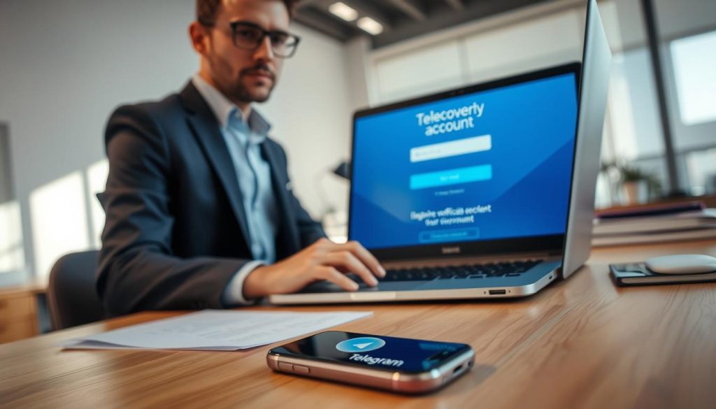 A focused scene illustrating the process of recovering a Telegram account through official channels. In the foreground, a professional looking person, dressed in business attire, is sitting at a well-organized desk with a laptop open, displaying the Telegram login page. The middle ground features a smartphone beside the laptop, showing the Telegram logo, with an expression of concentration on the person’s face as they navigate the recovery process. The background is softly blurred, depicting an office space with light streaming through a window, creating a warm and reassuring atmosphere. Use soft lighting to enhance the mood, capturing a sense of determination and hope in reclaiming the account. The angle should be slightly overhead, focusing on both the laptop screen and the user’s engaged expression. A focused scene illustrating the process of recovering a Telegram account through official channels. In the foreground, a professional looking person, dressed in business attire, is sitting at a well-organized desk with a laptop open, displaying the Telegram login page. The middle ground features a smartphone beside the laptop, showing the Telegram logo, with an expression of concentration on the person’s face as they navigate the recovery process. The background is softly blurred, depicting an office space with light streaming through a window, creating a warm and reassuring atmosphere. Use soft lighting to enhance the mood, capturing a sense of determination and hope in reclaiming the account. The angle should be slightly overhead, focusing on both the laptop screen and the user’s engaged expression.