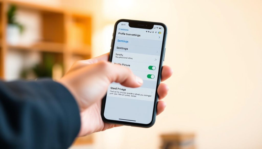 A focused view of a smartphone displaying the Telegram app's settings interface, showcasing the "Profile Picture Privacy" options in a user-friendly format. The foreground features a person’s hand reaching toward the screen, dressed in smart casual attire, indicating a professional context. In the middle, the app interface is highlighted with tabs for adjusting privacy settings, featuring a toggle switch for hiding the profile picture from others. The background is softly blurred to emphasize the smartphone, suggesting a cozy indoor setting with warm lighting, creating a focused and informative atmosphere. The overall mood feels friendly and educational, perfect for users seeking guidance on privacy settings.