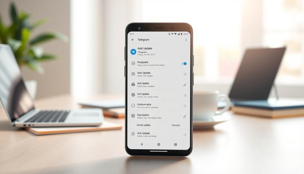 A modern digital illustration depicting the settings interface of the Telegram app, specifically highlighting the "Auto Update" feature. In the foreground, a smartphone displays the Telegram app’s settings screen with clear icons and options related to automatic updates. The middle ground features a desk with a laptop, notebooks, and a cup of coffee to suggest a workspace. The background includes a soft-focus blurred out window with natural light streaming in, creating a warm and inviting atmosphere. The overall mood is professional and tech-savvy, reflecting a sense of productivity and ease-of-use. The lighting is bright yet soft, emphasizing the clarity of the smartphone display, showcasing the app’s features attractively without any text or overlays. A modern digital illustration depicting the settings interface of the Telegram app, specifically highlighting the "Auto Update" feature. In the foreground, a smartphone displays the Telegram app’s settings screen with clear icons and options related to automatic updates. The middle ground features a desk with a laptop, notebooks, and a cup of coffee to suggest a workspace. The background includes a soft-focus blurred out window with natural light streaming in, creating a warm and inviting atmosphere. The overall mood is professional and tech-savvy, reflecting a sense of productivity and ease-of-use. The lighting is bright yet soft, emphasizing the clarity of the smartphone display, showcasing the app’s features attractively without any text or overlays.
