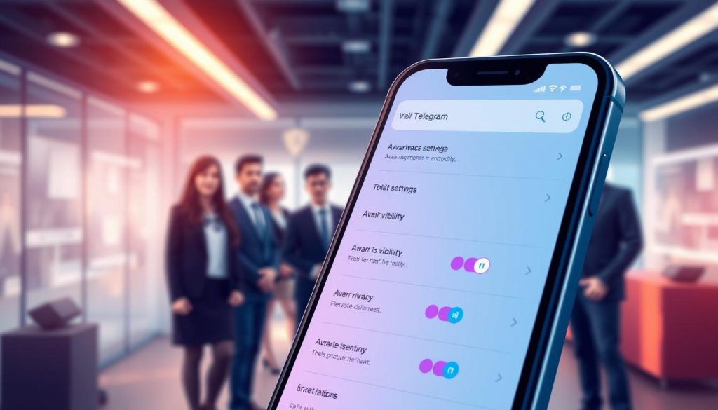 A modern digital illustration of a smartphone screen displaying the privacy settings of the Telegram app, focusing on avatar visibility options. In the foreground, the phone features a user-friendly interface with icons and toggles, elegantly designed in vibrant colors. The middle ground showcases blurred images of a diverse group of people in professional attire, symbolizing user privacy and anonymity. The background captures a tech-inspired workspace with subtle shadows, soft lighting, and warm tones, creating a secure and focused atmosphere. The composition conveys a sense of modernity and professionalism, inviting users to explore their privacy options effectively.