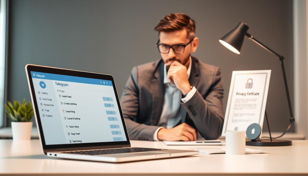 A modern, digital workspace illustrating the concept of Telegram's privacy settings. In the foreground, a sleek laptop displays the Telegram interface with a focus on the privacy settings menu. The middle ground features a professional individual, dressed in smart casual attire, thoughtfully analyzing the display with an expression of concentration. In the background, a well-organized desk with privacy-themed elements like a locked padlock symbol and a digital privacy certificate adds depth to the scene. The lighting is soft yet bright, emanating from a nearby desk lamp, creating a warm and secure atmosphere. The composition should convey a sense of empowerment and control over one's digital privacy, with a clean and focused aesthetic.