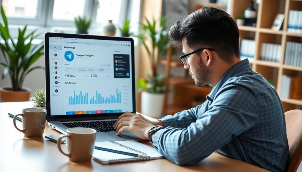 A modern digital workspace set up for managing a Telegram channel, featuring a sleek laptop with the Telegram interface displayed on the screen, showing statistical graphs and channel analytics. In the foreground, a professional, casually dressed person is focusing on the screen, surrounded by a notepad and coffee cup, embodying a productive atmosphere. The middle ground includes office plants and a clean desk setup, while the background consists of soft-focus bookshelves, adding warmth to the scene. Bright, natural lighting from a window creates a welcoming and vibrant mood. Use a slightly elevated angle to capture the workspace effectively, highlighting the tools and features available for channel management, emphasizing organization and modern technology.
