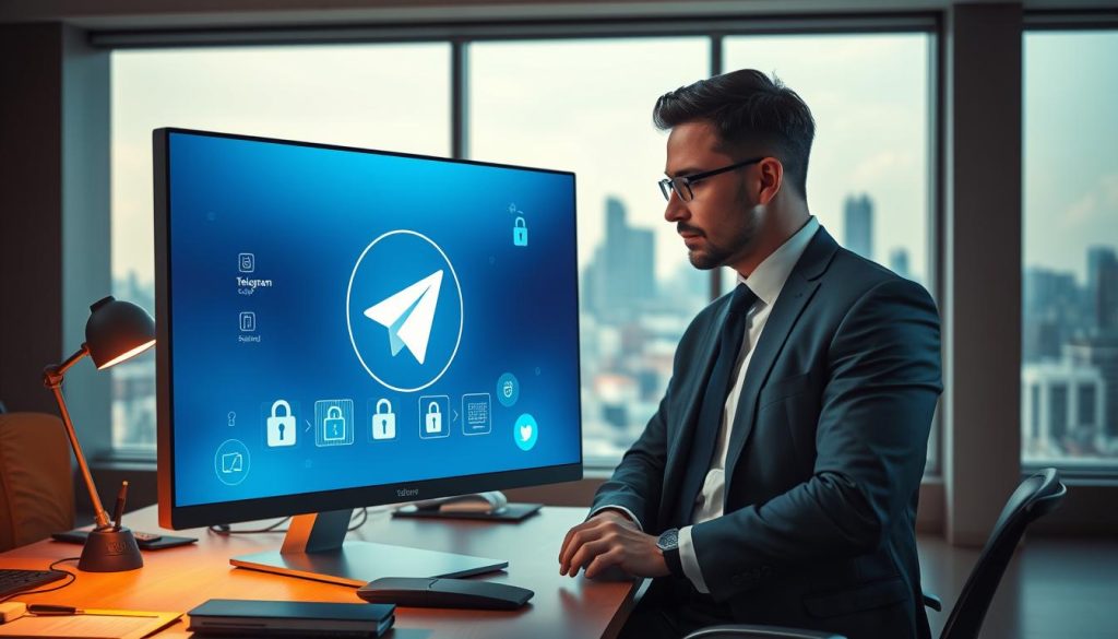 A modern office environment centered around a sleek computer screen displaying a glowing Telegram logo, symbolizing end-to-end encryption. In the foreground, a professional businessperson in smart casual attire is analyzing a digital representation of secure chat messages with padlocks and encrypted data visualizations. The middle layer features a stylish desk with cybersecurity tools and privacy management software on display. In the background, city skyline through a large window, bathed in warm ambient light to create a sense of safety and sophistication. The overall mood is focused and secure, emphasizing the importance of privacy and advanced security features in digital communications. Soft shadows and a slight depth of field to enhance the professional atmosphere.