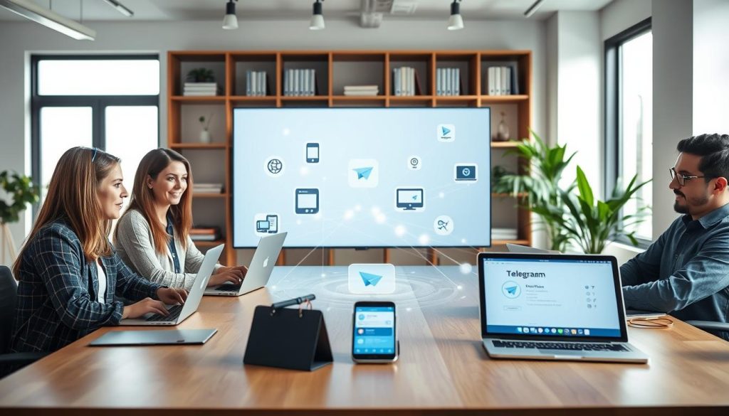 A modern office scene illustrating "cross-device synchronization." In the foreground, a diverse group of three professionals, two women and one man, casually dressed in business attire, is engaged in a collaborative discussion around a table, featuring laptops, a tablet, and a smartphone displaying the Telegram app. In the middle ground, a large, sleek digital screen showcases animated visuals of devices seamlessly syncing data, with glowing connections symbolizing real-time updates. The background includes shelves with tech books and plants to add a touch of warmth. Soft, natural lighting filters through large windows, casting a bright and inviting atmosphere. The composition emphasizes innovation and teamwork, with a focus on the efficient management of subscription services in the digital realm. A modern office scene illustrating "cross-device synchronization." In the foreground, a diverse group of three professionals, two women and one man, casually dressed in business attire, is engaged in a collaborative discussion around a table, featuring laptops, a tablet, and a smartphone displaying the Telegram app. In the middle ground, a large, sleek digital screen showcases animated visuals of devices seamlessly syncing data, with glowing connections symbolizing real-time updates. The background includes shelves with tech books and plants to add a touch of warmth. Soft, natural lighting filters through large windows, casting a bright and inviting atmosphere. The composition emphasizes innovation and teamwork, with a focus on the efficient management of subscription services in the digital realm.