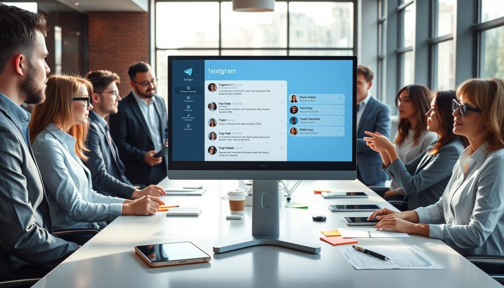 A modern office setting showing a computer screen displaying the Telegram app interface, highlighting chat groups and conversations. In the foreground, a diverse group of professionals, dressed in smart business attire, are engaged in a discussion, pointing towards the screen. The middle background features a sleek conference table with digital devices, colorful sticky notes, and documents, creating an organized workspace. Natural light pours in through large windows, casting soft shadows and enhancing the atmosphere of collaboration and productivity. The overall mood is focused and dynamic, emphasizing the practical applications of chat grouping in professional communication. A modern office setting showing a computer screen displaying the Telegram app interface, highlighting chat groups and conversations. In the foreground, a diverse group of professionals, dressed in smart business attire, are engaged in a discussion, pointing towards the screen. The middle background features a sleek conference table with digital devices, colorful sticky notes, and documents, creating an organized workspace. Natural light pours in through large windows, casting soft shadows and enhancing the atmosphere of collaboration and productivity. The overall mood is focused and dynamic, emphasizing the practical applications of chat grouping in professional communication.