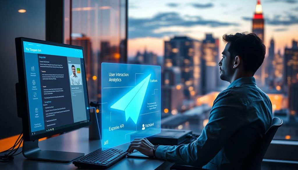 A modern, sleek workspace featuring a computer screen displaying an advanced Telegram bot interface. In the foreground, a professional individual, dressed in smart casual attire, is intently coding and optimizing the bot's features. The middle ground shows a glowing holographic representation of the bot's functionalities, such as user interaction analytics and expansive API capabilities, illuminated in soft blue light. In the background, a vibrant city skyline at dusk provides a dynamic ambiance, with warm lights glowing from windows. The scene is well-lit with a warm, inviting light source, creating a mood of innovation and forward-thinking. The composition is balanced, with focus on the individual and the high-tech bot interface, capturing the essence of advanced development and user experience enhancement. A modern, sleek workspace featuring a computer screen displaying an advanced Telegram bot interface. In the foreground, a professional individual, dressed in smart casual attire, is intently coding and optimizing the bot's features. The middle ground shows a glowing holographic representation of the bot's functionalities, such as user interaction analytics and expansive API capabilities, illuminated in soft blue light. In the background, a vibrant city skyline at dusk provides a dynamic ambiance, with warm lights glowing from windows. The scene is well-lit with a warm, inviting light source, creating a mood of innovation and forward-thinking. The composition is balanced, with focus on the individual and the high-tech bot interface, capturing the essence of advanced development and user experience enhancement.