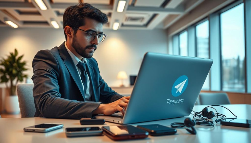 A modern, sleek workspace featuring a person in professional business attire, sitting at a desk and engaging with a laptop displaying the Telegram logo prominently. The foreground includes the person focused, with their facial expression conveying curiosity and contemplation. In the middle, the desk is cluttered with tech gadgets like smartphones and earphones, emphasizing the digital communication theme. The background shows a contemporary office environment with soft, diffused lighting creating an inviting atmosphere. Large windows let in natural light, enhancing the scene's clarity. Add subtle elements that represent the concept of paid features, such as icons symbolizing subscriptions and premium services, ensuring the mood remains professional and informative. The overall atmosphere should be one of productivity and exploration of technology benefits. A modern, sleek workspace featuring a person in professional business attire, sitting at a desk and engaging with a laptop displaying the Telegram logo prominently. The foreground includes the person focused, with their facial expression conveying curiosity and contemplation. In the middle, the desk is cluttered with tech gadgets like smartphones and earphones, emphasizing the digital communication theme. The background shows a contemporary office environment with soft, diffused lighting creating an inviting atmosphere. Large windows let in natural light, enhancing the scene's clarity. Add subtle elements that represent the concept of paid features, such as icons symbolizing subscriptions and premium services, ensuring the mood remains professional and informative. The overall atmosphere should be one of productivity and exploration of technology benefits.
