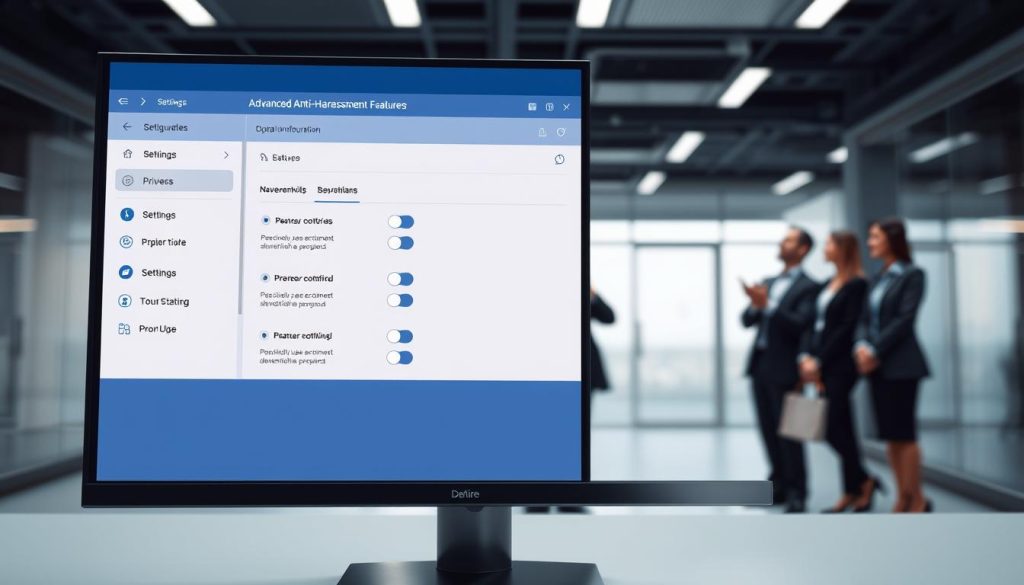 A modern user interface design showcasing the "Advanced Anti-Harassment Features Configuration" of Telegram. In the foreground, display a computer screen with a sleek layout of Telegram's settings menu, emphasizing toggle switches and sliders that illustrate privacy controls and user permissions. In the middle ground, include a diverse group of professional individuals in modest business attire, intently discussing the features while pointing at the screen. The background should feature a minimalistic office setting with soft, diffused lighting to create an atmosphere of collaboration and focus. Capture the essence of the high-tech environment with a slight depth of field effect, ensuring the users are sharply in focus while the office blurs softly behind them. A modern user interface design showcasing the "Advanced Anti-Harassment Features Configuration" of Telegram. In the foreground, display a computer screen with a sleek layout of Telegram's settings menu, emphasizing toggle switches and sliders that illustrate privacy controls and user permissions. In the middle ground, include a diverse group of professional individuals in modest business attire, intently discussing the features while pointing at the screen. The background should feature a minimalistic office setting with soft, diffused lighting to create an atmosphere of collaboration and focus. Capture the essence of the high-tech environment with a slight depth of field effect, ensuring the users are sharply in focus while the office blurs softly behind them.
