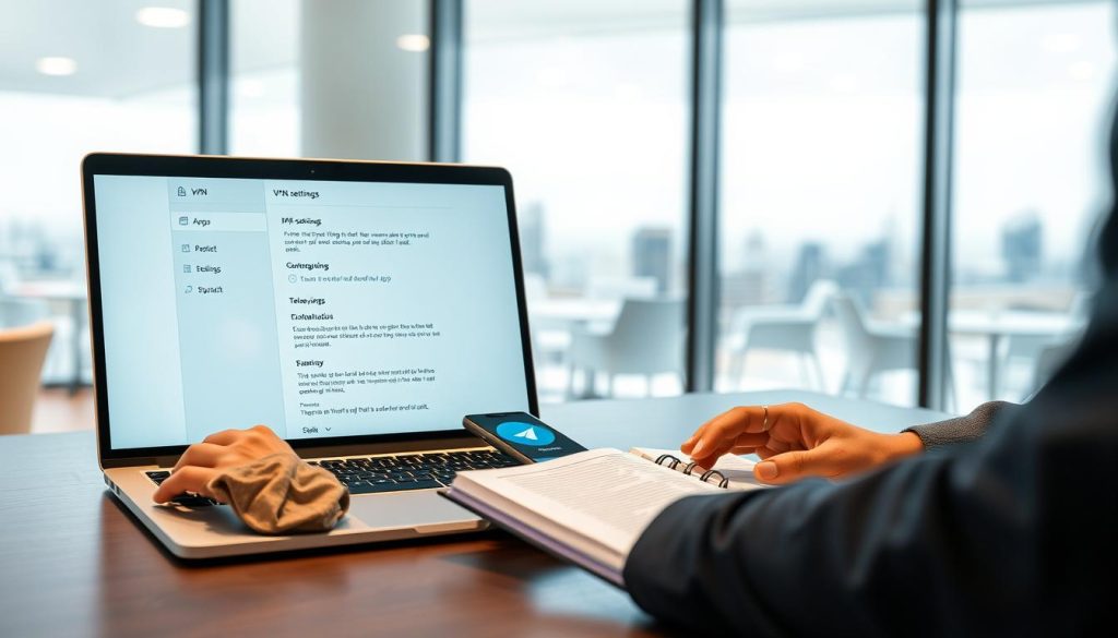 A modern workspace setting featuring a laptop displaying a "VPN settings" interface on the screen. In the foreground, a user, a professional in smart casual attire, is attentively configuring VPN settings, with their hands on the keyboard. The middle ground reveals a stylish desk with a smartphone displaying the Telegram app's logo next to an open notebook with notes about app preparation. The background features soft ambient lighting with a blurred cityscape through a large window, creating a focused and productive atmosphere. The scene should convey a sense of digital professionalism and readiness, emphasizing the importance of secure connections while preparing to download the Telegram Android version. The overall mood should be calm and organized, with a clean and modern aesthetic. A modern workspace setting featuring a laptop displaying a "VPN settings" interface on the screen. In the foreground, a user, a professional in smart casual attire, is attentively configuring VPN settings, with their hands on the keyboard. The middle ground reveals a stylish desk with a smartphone displaying the Telegram app's logo next to an open notebook with notes about app preparation. The background features soft ambient lighting with a blurred cityscape through a large window, creating a focused and productive atmosphere. The scene should convey a sense of digital professionalism and readiness, emphasizing the importance of secure connections while preparing to download the Telegram Android version. The overall mood should be calm and organized, with a clean and modern aesthetic.