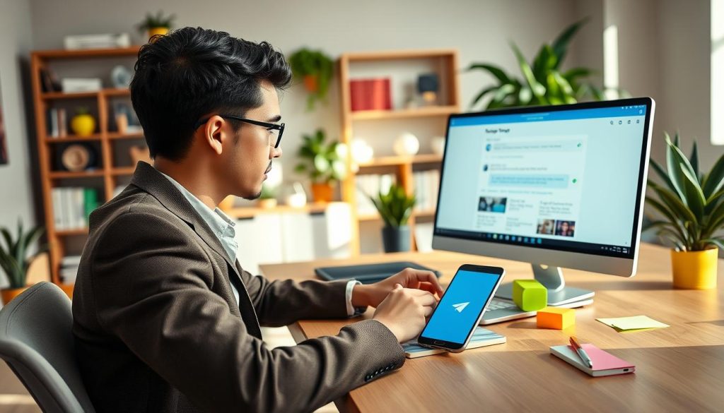 A professional and engaging workspace showcasing a person creating a Telegram group. In the foreground, a young adult in smart casual attire sits at a modern desk, focused on a laptop screen displaying the Telegram interface. The middle ground features colorful elements like sticky notes and a smartphone with the Telegram logo, symbolizing communication. In the background, a well-organized office with bookshelves and plants creates a cozy atmosphere. Soft, natural lighting illuminates the scene, casting gentle shadows that enhance the depth. The mood is productive and inviting, emphasizing collaboration and digital interaction in a contemporary environment. This image captures the essence of launching a Telegram group effectively. A professional and engaging workspace showcasing a person creating a Telegram group. In the foreground, a young adult in smart casual attire sits at a modern desk, focused on a laptop screen displaying the Telegram interface. The middle ground features colorful elements like sticky notes and a smartphone with the Telegram logo, symbolizing communication. In the background, a well-organized office with bookshelves and plants creates a cozy atmosphere. Soft, natural lighting illuminates the scene, casting gentle shadows that enhance the depth. The mood is productive and inviting, emphasizing collaboration and digital interaction in a contemporary environment. This image captures the essence of launching a Telegram group effectively.