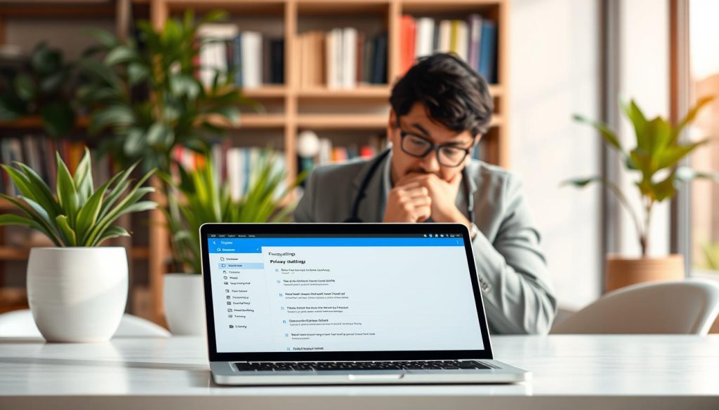 A professional and informative illustration depicting a Telegram privacy settings guide. In the foreground, a sleek laptop is open, displaying the Telegram app interface with clearly visible privacy settings sections highlighted. In the middle ground, a thoughtful individual dressed in business casual attire examines the laptop screen, intently focusing on the details. Surrounding them is a modern workspace, featuring plants and soft lighting to create a calm atmosphere. The background showcases a blurred bookshelf filled with technology and privacy-related books, enhancing the educational theme of the image. Soft, diffused light brings warmth to the scene, creating an inviting and focused mood, ideal for a guide on digital privacy.