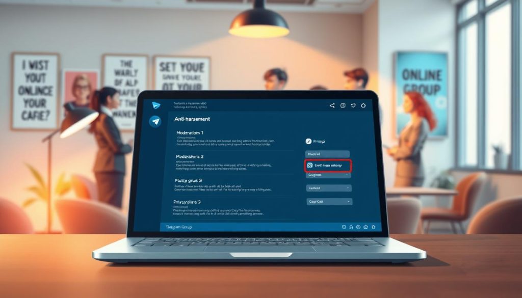 A professional and visually engaging illustration depicting a Telegram group management interface focused on anti-harassment settings. In the foreground, feature a sleek, modern laptop displaying a well-organized Telegram group chat, with highlighted settings icons representing moderation tools and privacy options. The middle ground shows a diverse group of individuals gathered around the laptop, dressed in professional business attire, discussing strategies to enhance group safety. In the background, a soft-focus office environment exudes a collaborative atmosphere, with motivational posters related to online safety. The scene is illuminated with warm, natural light streaming from a window, creating a welcoming and proactive mood. The composition emphasizes communication and teamwork in maintaining a safe digital space. A professional and visually engaging illustration depicting a Telegram group management interface focused on anti-harassment settings. In the foreground, feature a sleek, modern laptop displaying a well-organized Telegram group chat, with highlighted settings icons representing moderation tools and privacy options. The middle ground shows a diverse group of individuals gathered around the laptop, dressed in professional business attire, discussing strategies to enhance group safety. In the background, a soft-focus office environment exudes a collaborative atmosphere, with motivational posters related to online safety. The scene is illuminated with warm, natural light streaming from a window, creating a welcoming and proactive mood. The composition emphasizes communication and teamwork in maintaining a safe digital space.