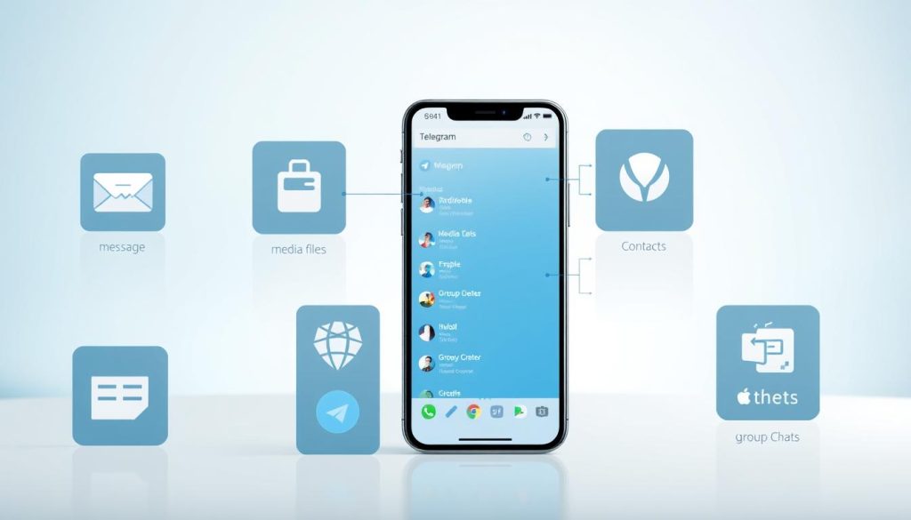 A professional infographic illustrating the various exportable data types from Telegram. In the foreground, display icons symbolizing messages, media files, contacts, and group chats, arranged in an organized manner. In the middle ground, use a sleek smartphone interface showcasing Telegram's user platform, highlighting typical data outputs that can be exported. The background features a subtle gradient, transitioning from light blue to white, evoking a clean and modern digital atmosphere. Employ soft, focused lighting to enhance the visual clarity of the icons and the phone screen. The overall mood should be informative and user-friendly, appealing to readers seeking knowledge about Telegram data exports, while ensuring a polished and professional appearance throughout the image. A professional infographic illustrating the various exportable data types from Telegram. In the foreground, display icons symbolizing messages, media files, contacts, and group chats, arranged in an organized manner. In the middle ground, use a sleek smartphone interface showcasing Telegram's user platform, highlighting typical data outputs that can be exported. The background features a subtle gradient, transitioning from light blue to white, evoking a clean and modern digital atmosphere. Employ soft, focused lighting to enhance the visual clarity of the icons and the phone screen. The overall mood should be informative and user-friendly, appealing to readers seeking knowledge about Telegram data exports, while ensuring a polished and professional appearance throughout the image.