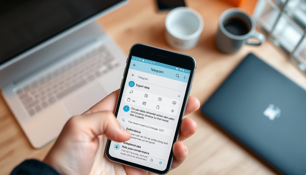 A professional-looking mobile device displaying the Telegram interface, prominently featuring the export data section with relevant icons and controls. In the foreground, the smartphone is held in a clean, well-organized hand, emphasizing a user-friendly aspect. The middle layer showcases a softly blurred desk setting, with a sleek laptop and a coffee cup, evoking a productive atmosphere. The background includes a softly lit workspace, with warm ambient lighting to create a cozy yet focused feel. The scene is viewed from a slight overhead angle, allowing a glimpse of the user interface on the mobile screen. The overall mood is one of efficiency and ease, inviting the viewer to learn about data exporting on Telegram. A professional-looking mobile device displaying the Telegram interface, prominently featuring the export data section with relevant icons and controls. In the foreground, the smartphone is held in a clean, well-organized hand, emphasizing a user-friendly aspect. The middle layer showcases a softly blurred desk setting, with a sleek laptop and a coffee cup, evoking a productive atmosphere. The background includes a softly lit workspace, with warm ambient lighting to create a cozy yet focused feel. The scene is viewed from a slight overhead angle, allowing a glimpse of the user interface on the mobile screen. The overall mood is one of efficiency and ease, inviting the viewer to learn about data exporting on Telegram.