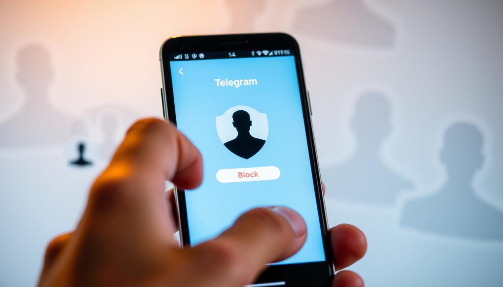 A professional-looking smartphone displaying the Telegram app interface, with a prominently featured user profile being blocked with a clear shield icon. The foreground showcases a hand tapping the block button, symbolizing effective user blocking. In the middle ground, faint outlines of other user profiles appear in the background, suggesting a busy chat environment, but they are blurred to focus on the blocking action. Soft, warm lighting emanates from the device screen, creating an inviting atmosphere, while the overall color palette includes calming blues and whites to convey security and control. The angle is slightly elevated, showcasing the action on the smartphone while still providing context. A professional-looking smartphone displaying the Telegram app interface, with a prominently featured user profile being blocked with a clear shield icon. The foreground showcases a hand tapping the block button, symbolizing effective user blocking. In the middle ground, faint outlines of other user profiles appear in the background, suggesting a busy chat environment, but they are blurred to focus on the blocking action. Soft, warm lighting emanates from the device screen, creating an inviting atmosphere, while the overall color palette includes calming blues and whites to convey security and control. The angle is slightly elevated, showcasing the action on the smartphone while still providing context.