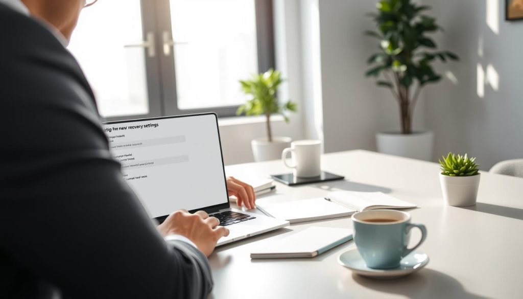 A serene office environment featuring a computer desk with a modern laptop displaying a user-friendly email recovery settings interface on the screen. In the foreground, a person in professional business attire, focused and attentive, takes notes while observing the laptop. The middle ground shows a well-organized workspace with a cup of coffee, notebooks, and a potted plant. In the background, soft natural light filters through a large window, casting gentle shadows that create a productive atmosphere. The mood is calm and focused, emphasizing the importance of setting up a recovery email and code for security. The angle captures the scene from a slight overhead perspective, ensuring clarity of both the laptop screen and the person’s engaged expression. A serene office environment featuring a computer desk with a modern laptop displaying a user-friendly email recovery settings interface on the screen. In the foreground, a person in professional business attire, focused and attentive, takes notes while observing the laptop. The middle ground shows a well-organized workspace with a cup of coffee, notebooks, and a potted plant. In the background, soft natural light filters through a large window, casting gentle shadows that create a productive atmosphere. The mood is calm and focused, emphasizing the importance of setting up a recovery email and code for security. The angle captures the scene from a slight overhead perspective, ensuring clarity of both the laptop screen and the person’s engaged expression.