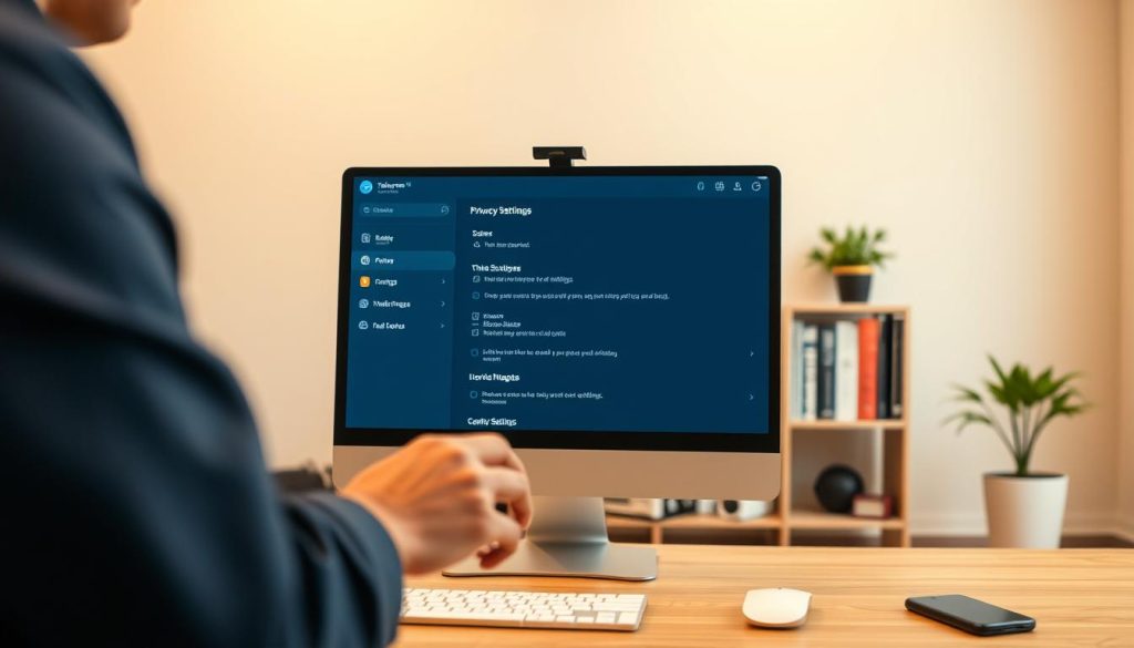 A serene room designed for privacy settings featuring a computer screen displaying the Telegram privacy settings interface. In the foreground, a person's hands are seen interacting with the interface, dressed in smart casual attire. The middle area showcases a close-up of the computer screen, featuring sleek icons and options from the Telegram app, with clear visibility of the privacy settings. The background includes soft-focus elements, such as a bookshelf with tech-related books and a small plant, conveying a modern, tech-savvy atmosphere. The lighting is warm and inviting, highlighting the focus on the screen, with a slightly blurred background to emphasize the subject. The overall mood is professional and focused, suitable for a guide on adjusting privacy settings.