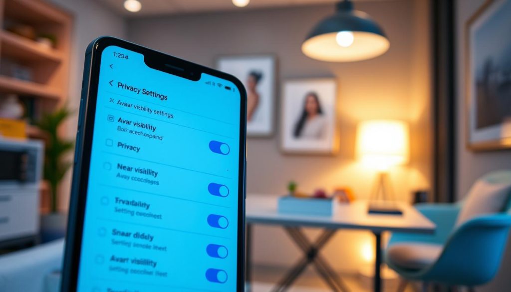 A sleek mobile phone displaying the settings interface for privacy options, specifically focusing on avatar visibility settings in a vibrant digital environment. In the foreground, the phone screen is prominent, showcasing various toggle switches and icons representing different privacy levels—some highlighted in soft blue tones. The middle ground features a blurred workspace with a modern desk and ambient lighting, creating a tech-savvy atmosphere. The background subtly depicts a cozy home office setting with elegant decor, hinting at privacy and security within digital communications. The overall mood is professional yet inviting, with a warm, soft light illuminating the scene, suggesting clarity and user-friendliness in managing privacy settings.