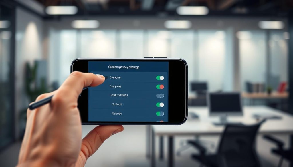 A sleek, modern digital privacy interface displayed on a high-tech smartphone. In the foreground, a hand with a stylus hovers over the screen, highlighting the 'Custom Privacy Settings' option. The middle ground features an engaging layout of the app interface, showcasing toggles for visibility options—'Everyone,' 'Contacts,' and 'Nobody'—with colorful icons representing each choice. The background is a softly blurred office setting with ambient lighting, suggesting a focused workspace. The atmosphere is one of professionalism and technological sophistication, evoking a sense of empowerment in personal data control. The image conveys a calm and organized feel, emphasizing the importance of managing privacy in a digital world. A sleek, modern digital privacy interface displayed on a high-tech smartphone. In the foreground, a hand with a stylus hovers over the screen, highlighting the 'Custom Privacy Settings' option. The middle ground features an engaging layout of the app interface, showcasing toggles for visibility options—'Everyone,' 'Contacts,' and 'Nobody'—with colorful icons representing each choice. The background is a softly blurred office setting with ambient lighting, suggesting a focused workspace. The atmosphere is one of professionalism and technological sophistication, evoking a sense of empowerment in personal data control. The image conveys a calm and organized feel, emphasizing the importance of managing privacy in a digital world.