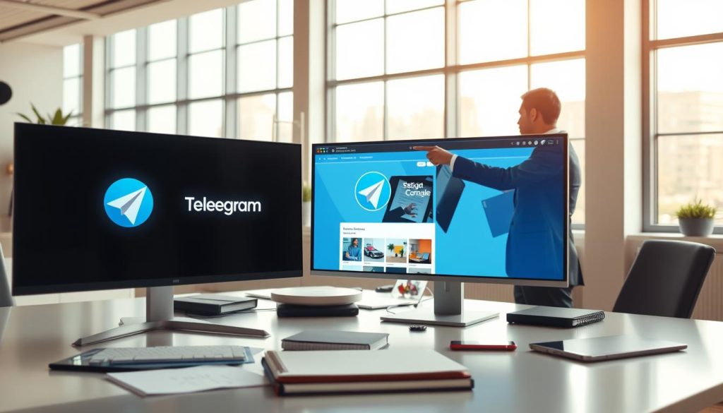 A sleek, modern workspace with a digital screen prominently displaying the Telegram logo and its official website interface. In the foreground, a professional person in business attire, attentively pointing at the screen, embodies engagement with technology. The middle ground features a contemporary desk cluttered with productivity tools, such as a notebook and a smartphone, emphasizing a tech-savvy atmosphere. In the background, large windows let in soft, natural light, creating a warm and inviting ambiance. The overall mood is focused and forward-thinking, suggesting a blend of professionalism and innovation. Captured from a slightly elevated angle to enhance depth, the composition is visually appealing without any text or distractions. A sleek, modern workspace with a digital screen prominently displaying the Telegram logo and its official website interface. In the foreground, a professional person in business attire, attentively pointing at the screen, embodies engagement with technology. The middle ground features a contemporary desk cluttered with productivity tools, such as a notebook and a smartphone, emphasizing a tech-savvy atmosphere. In the background, large windows let in soft, natural light, creating a warm and inviting ambiance. The overall mood is focused and forward-thinking, suggesting a blend of professionalism and innovation. Captured from a slightly elevated angle to enhance depth, the composition is visually appealing without any text or distractions.