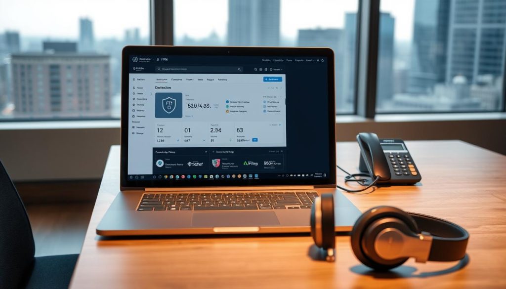 A sleek representation of a paid VPN service in a contemporary digital office setting. In the foreground, a laptop sits open displaying a VPN dashboard with a secure connection icon on the screen. The middle ground includes a modern desk with a stylish phone and a pair of professional headphones, symbolizing communication privacy. In the background, a large window reveals a cityscape, hinting at a bustling environment outside, while soft natural light pours in, creating a bright and motivating atmosphere. The overall mood is one of security and professionalism, highlighting the importance of safe internet access in today's connected world. The composition should be balanced, emphasizing technological sophistication and user-friendly experience.