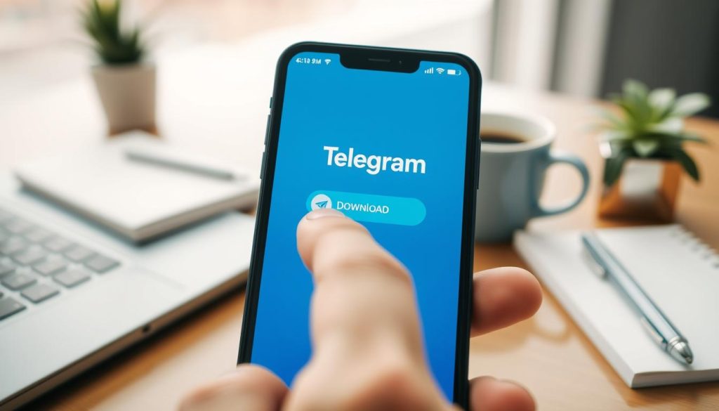 A smartphone displaying the Telegram app open on the home screen, with the vibrant blue and white color scheme of the app clearly visible. In the foreground, a finger gently taps the "Download" button that showcases a friendly, inviting icon. The middle ground captures a sleek, modern workspace with a laptop, notepad, and a cup of coffee, hinting at a professional setting. In the background, soft-focus elements like a plant and a window with natural light create a bright and airy atmosphere. The scene conveys a sense of preparation and motivation, emphasizing the ease of downloading the app. The image should be well-lit, with a slight depth of field, showcasing the smartphone as the focal point. A smartphone displaying the Telegram app open on the home screen, with the vibrant blue and white color scheme of the app clearly visible. In the foreground, a finger gently taps the "Download" button that showcases a friendly, inviting icon. The middle ground captures a sleek, modern workspace with a laptop, notepad, and a cup of coffee, hinting at a professional setting. In the background, soft-focus elements like a plant and a window with natural light create a bright and airy atmosphere. The scene conveys a sense of preparation and motivation, emphasizing the ease of downloading the app. The image should be well-lit, with a slight depth of field, showcasing the smartphone as the focal point.