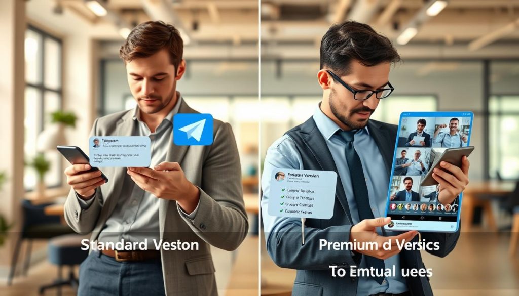 A split-screen comparison image illustrating the user experience between the standard version and the premium version of Telegram. On the left side, depict a professional person in modest casual clothing using a smartphone to demonstrate the standard version, with basic features like text messaging and simple chat interfaces. On the right, show a business professional in formal attire engaging with a tablet displaying the premium version, showcasing advanced features like enhanced video calls, customizations, and group functionalities. The background should be an inviting office environment with soft natural lighting. Incorporate a warm, collaborative atmosphere, emphasizing the evolution of user experience in a tech-savvy workspace. Use a slight blur for depth, focusing on the devices in use, and ensure a clear, visually appealing contrast between the two experiences. A split-screen comparison image illustrating the user experience between the standard version and the premium version of Telegram. On the left side, depict a professional person in modest casual clothing using a smartphone to demonstrate the standard version, with basic features like text messaging and simple chat interfaces. On the right, show a business professional in formal attire engaging with a tablet displaying the premium version, showcasing advanced features like enhanced video calls, customizations, and group functionalities. The background should be an inviting office environment with soft natural lighting. Incorporate a warm, collaborative atmosphere, emphasizing the evolution of user experience in a tech-savvy workspace. Use a slight blur for depth, focusing on the devices in use, and ensure a clear, visually appealing contrast between the two experiences.