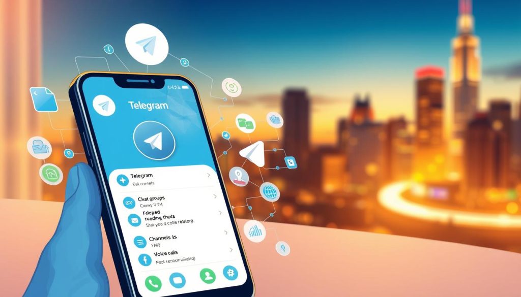 A vibrant and detailed illustration showcasing the core features of Telegram. In the foreground, depict a smartphone displaying the Telegram app interface, highlighting features like chat groups, channels, and voice calls. Surround the phone with symbols representing key functionalities like encryption, file sharing, and bot interactions. In the middle ground, include a subtle backdrop of abstract digital elements and icons symbolizing connectivity and communication, using blue and green tones to reflect Telegram's branding. The background should feature a soft, blurred cityscape at twilight, creating a modern and tech-savvy atmosphere. Use warm lighting to enhance the image, providing a sense of innovation and user-friendly design. The overall mood should convey efficiency, security, and seamless communication. A vibrant and detailed illustration showcasing the core features of Telegram. In the foreground, depict a smartphone displaying the Telegram app interface, highlighting features like chat groups, channels, and voice calls. Surround the phone with symbols representing key functionalities like encryption, file sharing, and bot interactions. In the middle ground, include a subtle backdrop of abstract digital elements and icons symbolizing connectivity and communication, using blue and green tones to reflect Telegram's branding. The background should feature a soft, blurred cityscape at twilight, creating a modern and tech-savvy atmosphere. Use warm lighting to enhance the image, providing a sense of innovation and user-friendly design. The overall mood should convey efficiency, security, and seamless communication.