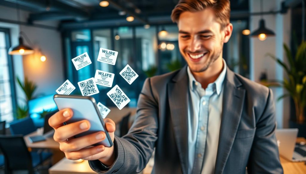 A vibrant and modern social media platform scene, featuring a professional individual sharing a digital business card QR code on their smartphone. In the foreground, focus on a well-dressed person in smart casual attire, smiling as they interact with the phone. The middle ground displays a variety of digital business cards emerging from the smartphone, glowing softly. In the background, a sleek, stylish workspace is visible, filled with laptops, plants, and ambient lighting, creating a trendy yet professional atmosphere. The lighting is warm, emphasizing a collaborative and innovative mood. Use a slight angle from above to capture both the individual and the emerging QR codes, enhancing depth and engagement, while ensuring the scene is clean and clutter-free, with no text or distractions. A vibrant and modern social media platform scene, featuring a professional individual sharing a digital business card QR code on their smartphone. In the foreground, focus on a well-dressed person in smart casual attire, smiling as they interact with the phone. The middle ground displays a variety of digital business cards emerging from the smartphone, glowing softly. In the background, a sleek, stylish workspace is visible, filled with laptops, plants, and ambient lighting, creating a trendy yet professional atmosphere. The lighting is warm, emphasizing a collaborative and innovative mood. Use a slight angle from above to capture both the individual and the emerging QR codes, enhancing depth and engagement, while ensuring the scene is clean and clutter-free, with no text or distractions.