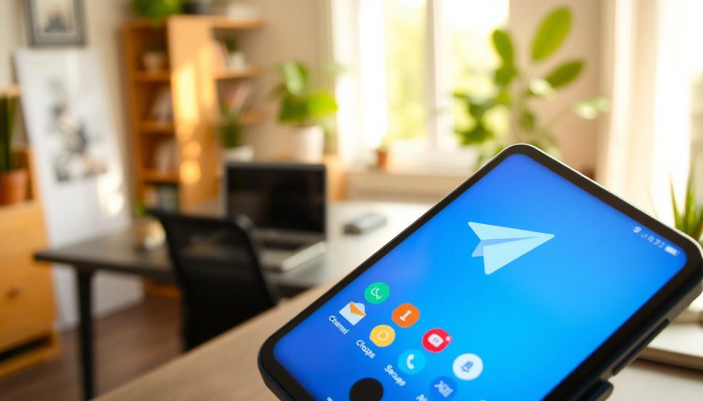 A vibrant smartphone screen showcasing the Telegram app interface prominently in the foreground. The screen is alive with colorful chat bubbles and icons representing Telegram's features like channels, groups, and secure messaging. In the middle ground, a modern workspace is visible, with a sleek desk, a laptop, and a notepad, emphasizing a tech-savvy environment. The background features soft blurred elements like plants and bookshelves, enhancing the atmosphere of a cozy home office. Warm, natural lighting pours in from a nearby window, creating an inviting glow. The overall mood is professional yet accessible, reflecting innovation and communication. No text or signatures present in the image. A vibrant smartphone screen showcasing the Telegram app interface prominently in the foreground. The screen is alive with colorful chat bubbles and icons representing Telegram's features like channels, groups, and secure messaging. In the middle ground, a modern workspace is visible, with a sleek desk, a laptop, and a notepad, emphasizing a tech-savvy environment. The background features soft blurred elements like plants and bookshelves, enhancing the atmosphere of a cozy home office. Warm, natural lighting pours in from a nearby window, creating an inviting glow. The overall mood is professional yet accessible, reflecting innovation and communication. No text or signatures present in the image.