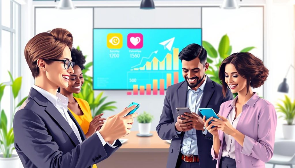 A visually appealing digital illustration showcasing a diverse group of individuals engaging with their smartphones, representing effective subscriber attraction strategies for a Telegram channel. In the foreground, a person in professional business attire points at their phone screen, smiling as they share content with two others who appear intrigued. In the middle background, a large screen displays vibrant social media icons and growth charts, symbolizing online presence and growth. The background features a bright, modern office environment with plants and contemporary furniture, creating a productive atmosphere. The lighting is bright and welcoming, casting soft shadows, and the angle is slightly elevated to capture the dynamics of interaction. The overall mood is positive, exciting, and motivational, emphasizing collaboration and innovation in digital communication.