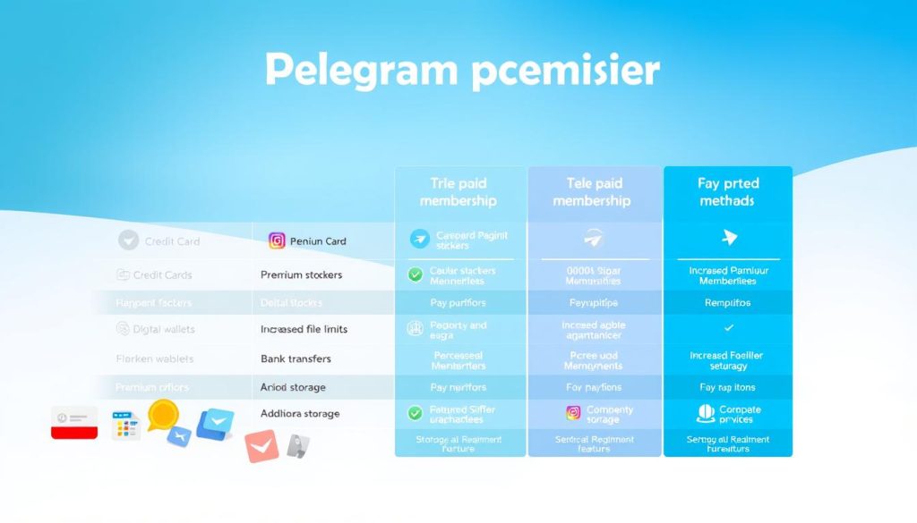 A visually engaging comparison chart illustrating the pricing options for Telegram paid memberships. In the foreground, feature detailed icons representing different payment methods, such as credit cards, digital wallets, and bank transfers, displayed in a neat row. The middle section hosts a clear comparative layout of the membership tiers, each displayed with vibrant colors and distinct icons, showcasing features like premium stickers, increased file limits, and additional storage. The background should be a soft gradient blending blue and white, evoking a tech-savvy atmosphere. Utilize soft, diffused lighting to create a professional look, and employ a slight top-down angle for a clean overview. The overall mood should convey clarity, professionalism, and modernity, making it an appealing visual reference for readers. A visually engaging comparison chart illustrating the pricing options for Telegram paid memberships. In the foreground, feature detailed icons representing different payment methods, such as credit cards, digital wallets, and bank transfers, displayed in a neat row. The middle section hosts a clear comparative layout of the membership tiers, each displayed with vibrant colors and distinct icons, showcasing features like premium stickers, increased file limits, and additional storage. The background should be a soft gradient blending blue and white, evoking a tech-savvy atmosphere. Utilize soft, diffused lighting to create a professional look, and employ a slight top-down angle for a clean overview. The overall mood should convey clarity, professionalism, and modernity, making it an appealing visual reference for readers.
