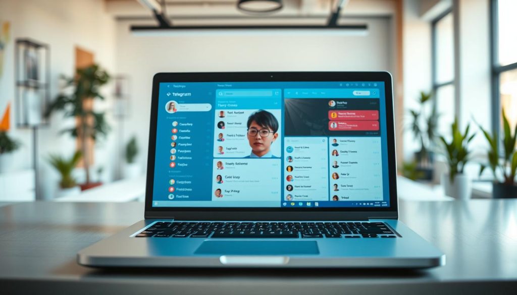A visually engaging digital workspace showcasing the concept of "Telegram Chat Groups." In the foreground, a sleek laptop screen displays a vibrant Telegram interface filled with organized group chats, each represented by colorful icons and avatars. The middle layer includes a blurred outline of a person sitting at a desk, dressed in professional attire, thoughtfully managing their chats. The background features a modern, bright office environment, filled with plants and minimalistic decor, creating a productive atmosphere. Soft, diffuse lighting enhances the workspace, while a shallow depth of field focuses attention on the laptop screen, conveying a sense of clarity and organization. The overall mood is one of efficiency and digital connectivity, ideal for illustrating the topic of setting up Telegram chat groups. A visually engaging digital workspace showcasing the concept of "Telegram Chat Groups." In the foreground, a sleek laptop screen displays a vibrant Telegram interface filled with organized group chats, each represented by colorful icons and avatars. The middle layer includes a blurred outline of a person sitting at a desk, dressed in professional attire, thoughtfully managing their chats. The background features a modern, bright office environment, filled with plants and minimalistic decor, creating a productive atmosphere. Soft, diffuse lighting enhances the workspace, while a shallow depth of field focuses attention on the laptop screen, conveying a sense of clarity and organization. The overall mood is one of efficiency and digital connectivity, ideal for illustrating the topic of setting up Telegram chat groups.